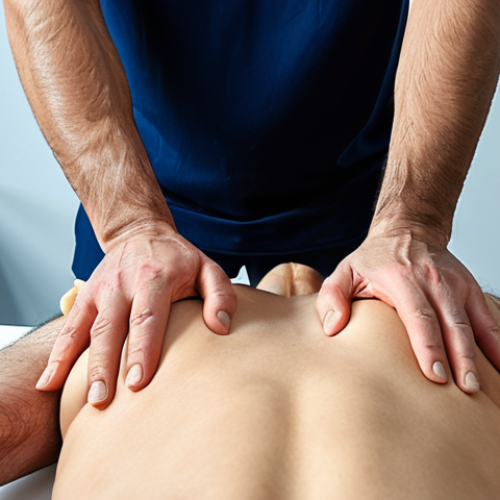**Image of a physical therapist using manual therapy techniques on a patient's back.** Focus on hands-on treatment to relieve muscle tension, showing a modern clinic setting in Turkey. The therapist should be wearing professional attire and the patient should appear relaxed.