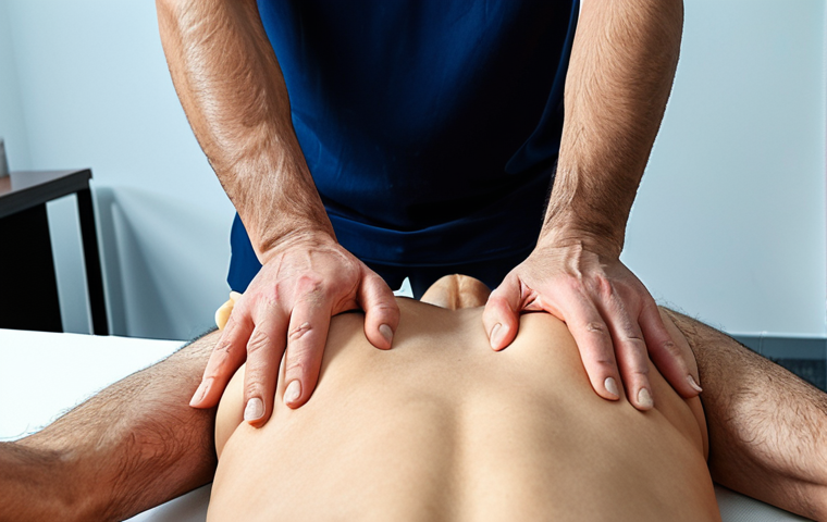 **Image of a physical therapist using manual therapy techniques on a patient's back.** Focus on hands-on treatment to relieve muscle tension, showing a modern clinic setting in Turkey. The therapist should be wearing professional attire and the patient should appear relaxed.