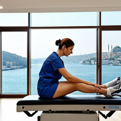 A physical therapy session in a modern Istanbul clinic. A patient is using robotic rehabilitation equipment for leg exercises, supervised by a physiotherapist. The background shows a view of the Bosphorus.